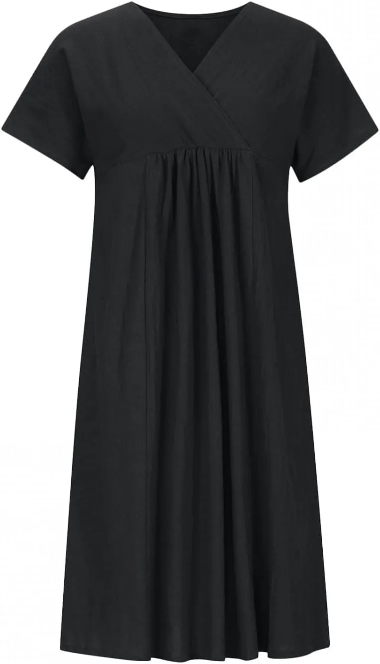 Women Plain Cotton Linen Dresses Summer Half Sleeve Knee-Length Dress Boho Plus Size Pockets Loose Fit Midi Long Dress