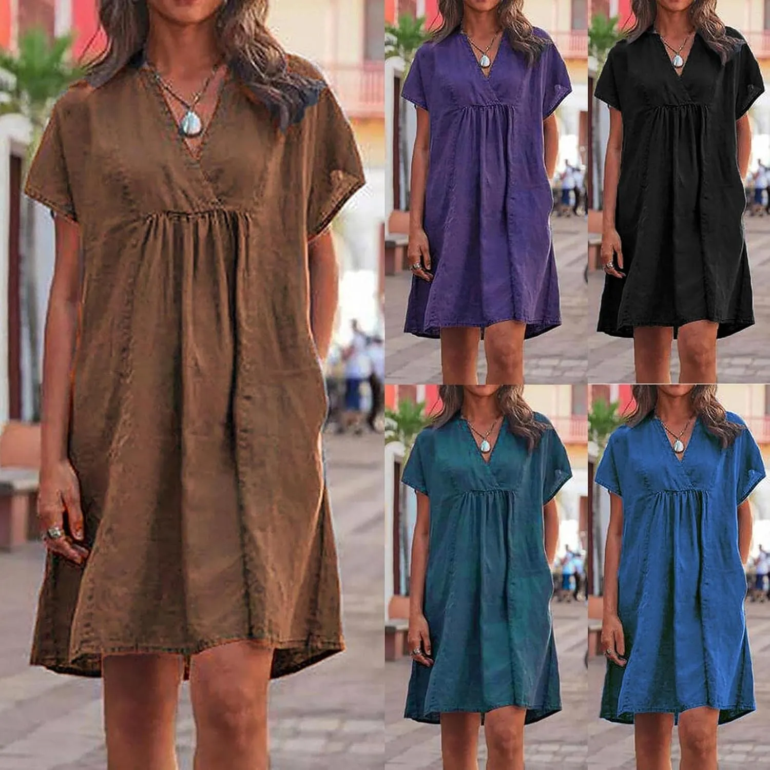 Women Plain Cotton Linen Dresses Summer Half Sleeve Knee-Length Dress Boho Plus Size Pockets Loose Fit Midi Long Dress