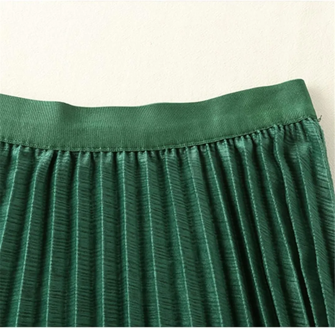 Women Pleated Midi Skirt Vintage Casual Solid A Line High Waist Mid-Length Skirt