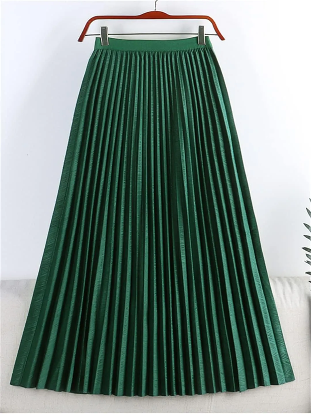Women Pleated Midi Skirt Vintage Casual Solid A Line High Waist Mid-Length Skirt
