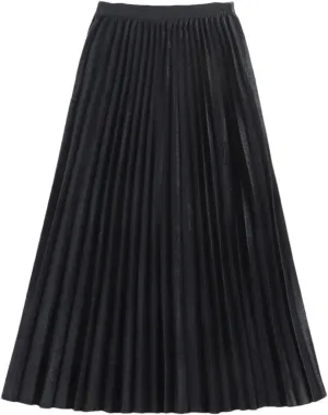 Women Pleated Midi Skirt Vintage Casual Solid A Line High Waist Mid-Length Skirt