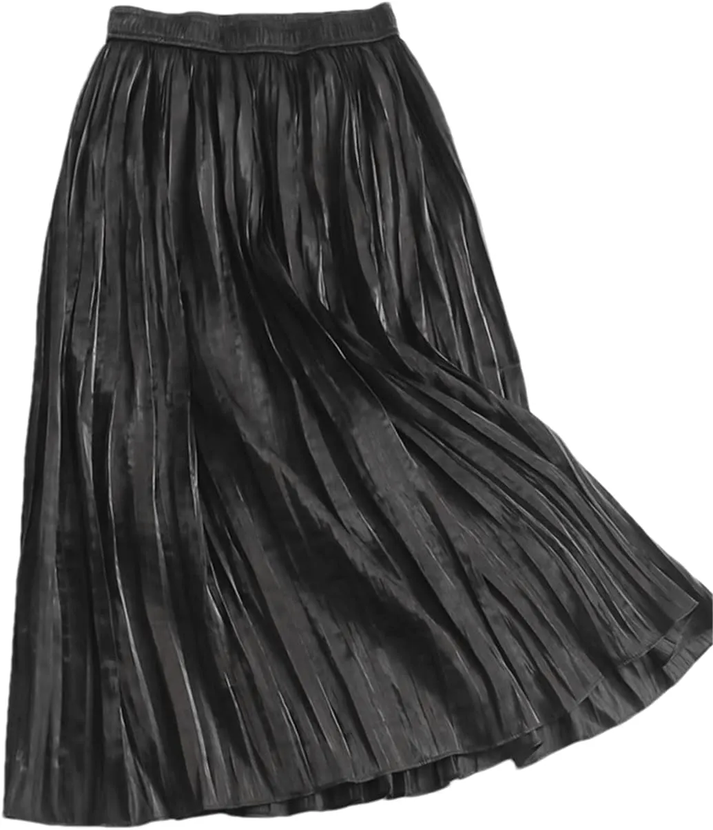 Women Pleated Skirt Summer Casual Solid A Line High Waist Mid-Length Skirt Midi Long Skirt