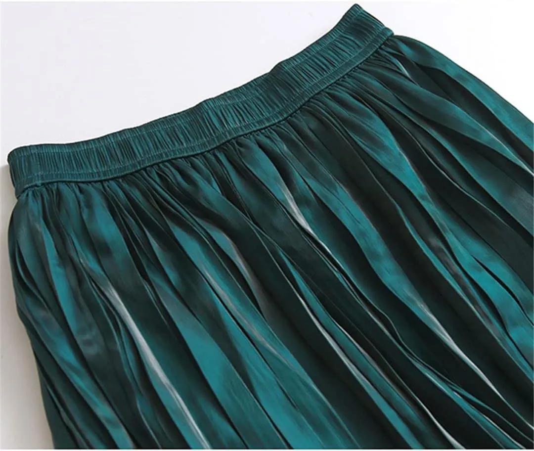 Women Pleated Skirt Summer Casual Solid A Line High Waist Mid-Length Skirt Midi Long Skirt