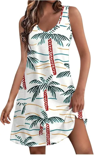 Women Summer Boho Tank Dress Sleeveless Beach Cover Up with Pockets Casual V Neck Dresses Holiday Sundress Outfits