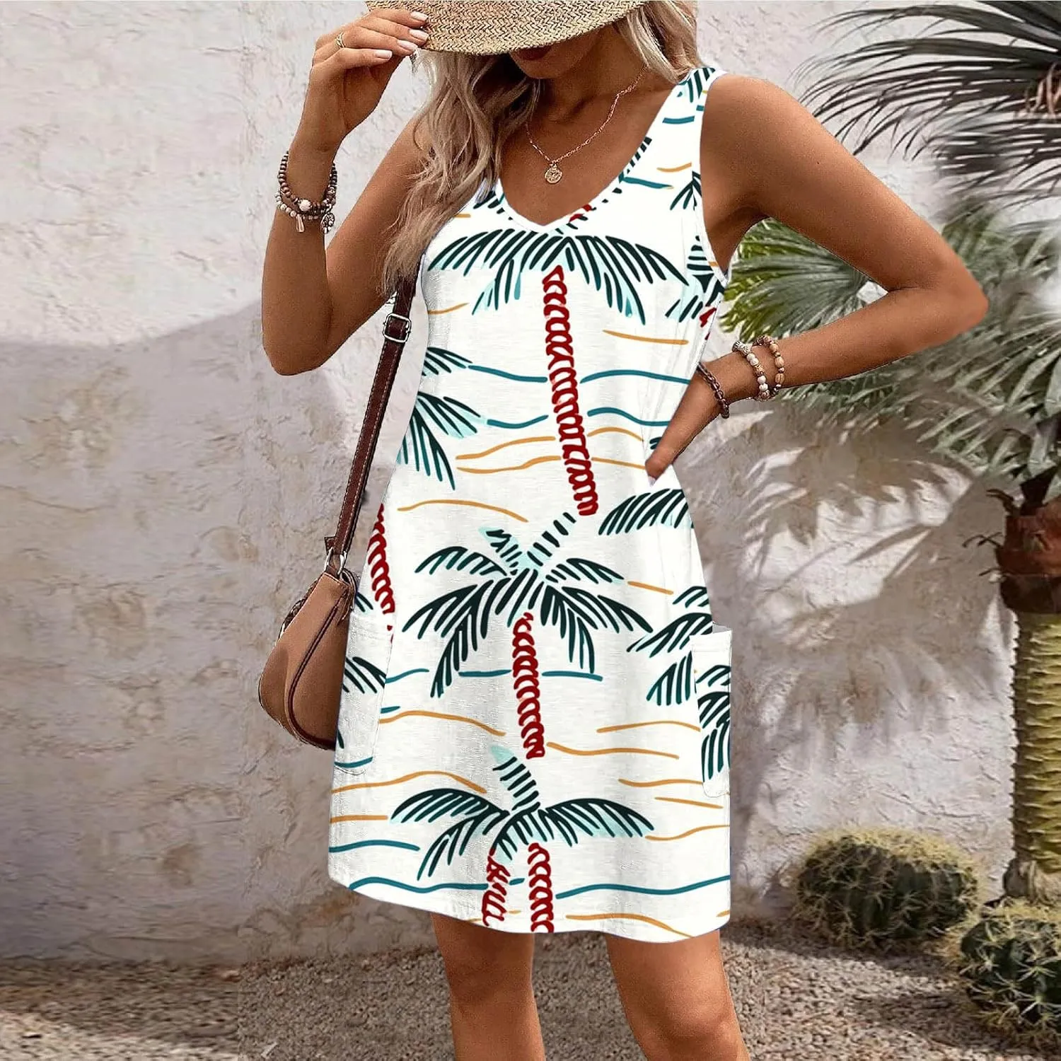 Women Summer Boho Tank Dress Sleeveless Beach Cover Up with Pockets Casual V Neck Dresses Holiday Sundress Outfits