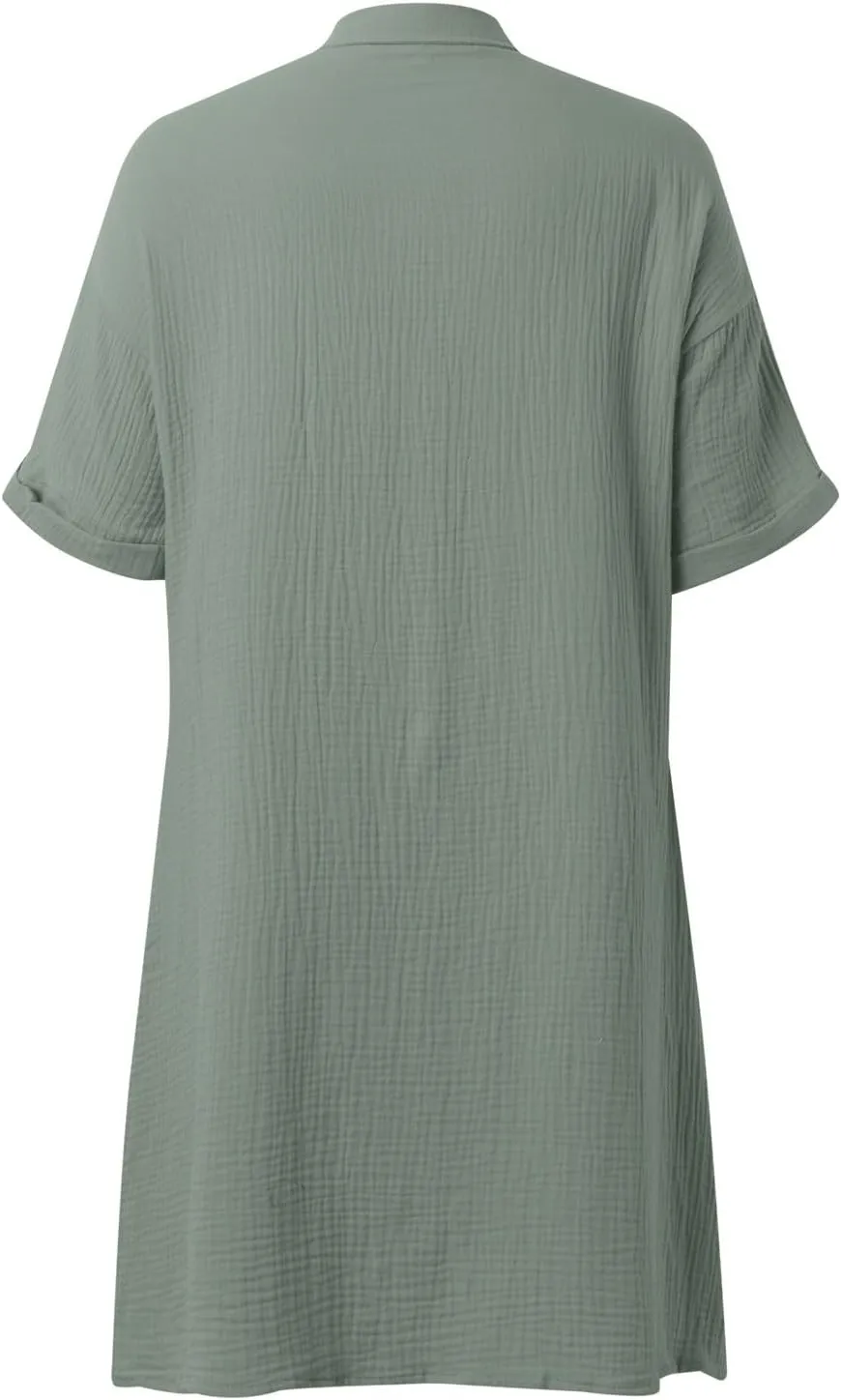 Women Summer Cotton Linen Button Down Dress Short Sleeve Dresses Floral V Neck Beach Tshirt Dress with Pockets 2025
