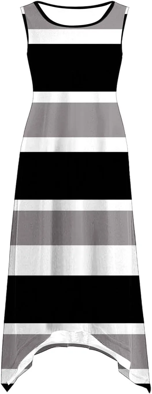 Women Summer Fashion Dresses Casual Print Midi Dress Loose Fit Striped Flowy Sundress Summer Beach Dresses