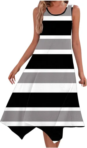 Women Summer Fashion Dresses Casual Print Midi Dress Loose Fit Striped Flowy Sundress Summer Beach Dresses