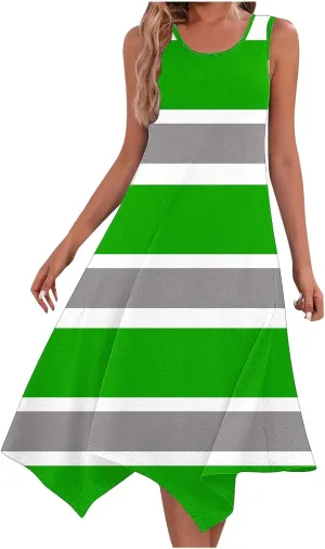 Women Summer Fashion Dresses Casual Print Midi Dress Loose Fit Striped Flowy Sundress Summer Beach Dresses
