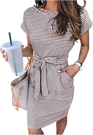 Women Summer Striped T Shirt Dress Short Sleeve Crewneck Tie Waist Midi Dress Casual Vacation Beach Sundress with Pockets