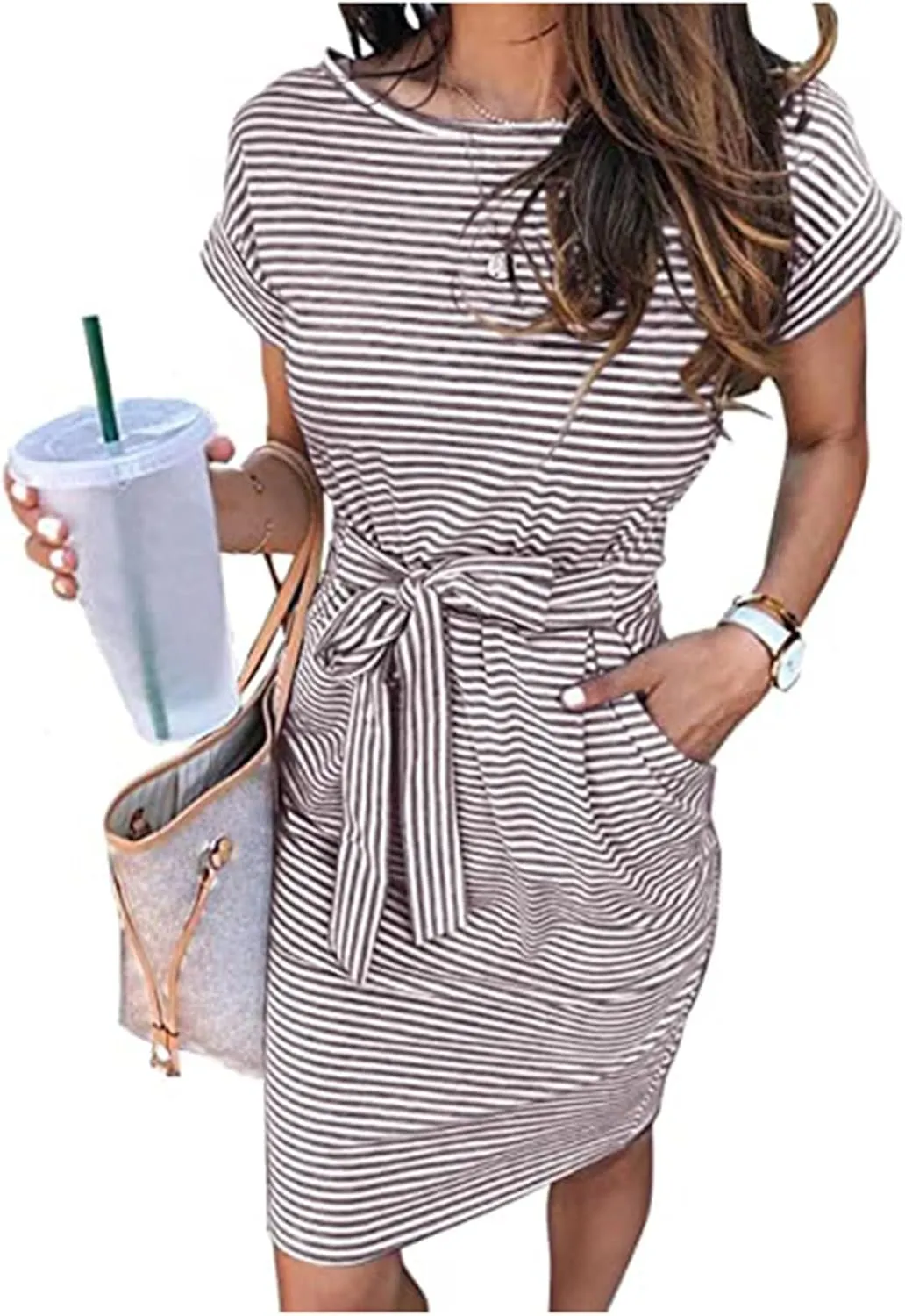 Women Summer Striped T Shirt Dress Short Sleeve Crewneck Tie Waist Midi Dress Casual Vacation Beach Sundress with Pockets