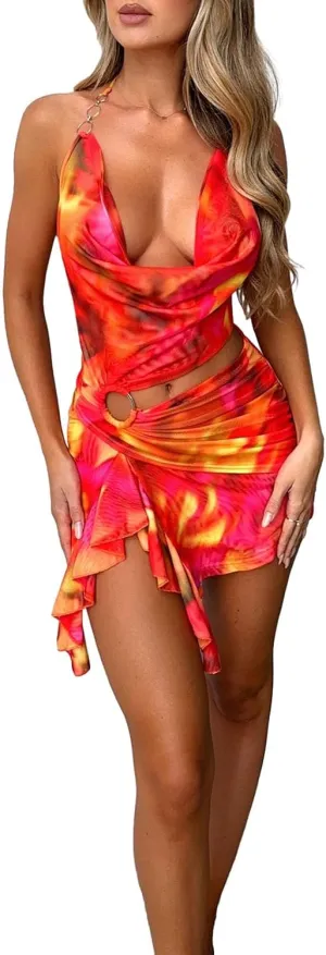 Women Y2k Bodycon Mini Dress Sexy Halter Neck Sleeveless Backless Cutout Summer Beach Sundress Tie Dye Ruffle Short Dresses