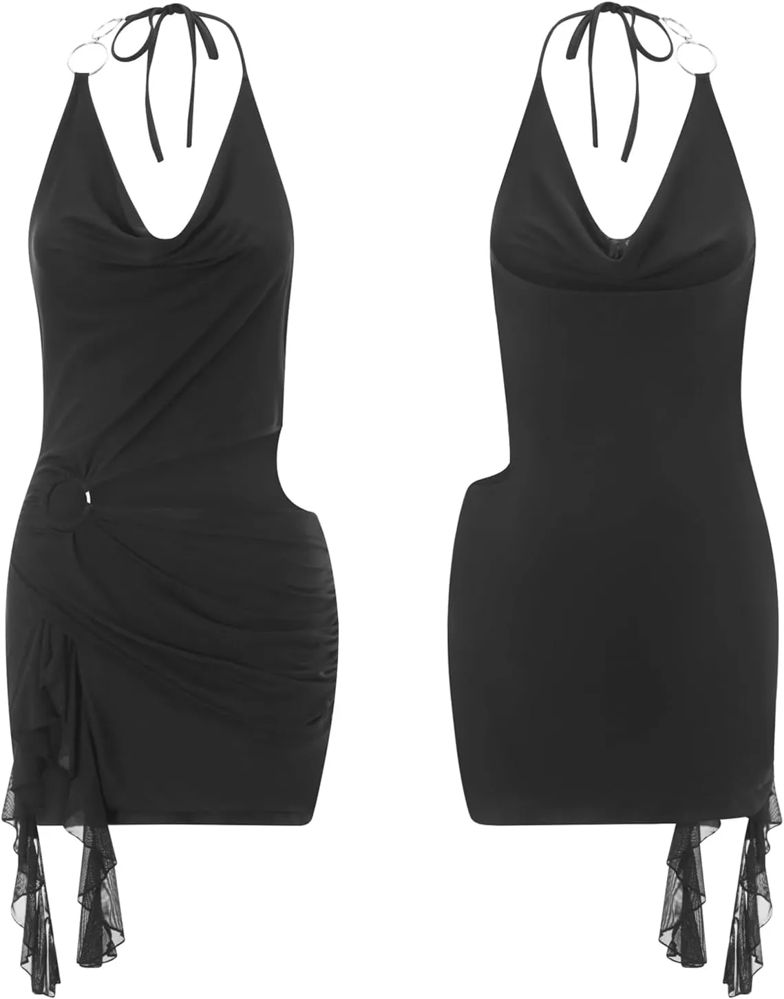 Women Y2k Bodycon Mini Dress Sexy Halter Neck Sleeveless Backless Cutout Summer Beach Sundress Tie Dye Ruffle Short Dresses