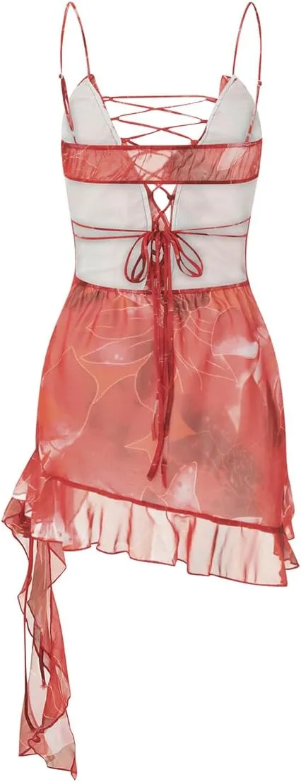 Womens 2023 Summer Ruffle Trim Mini Dress Sexy Deep V Neck Sleeveless Club Party Ruched Bodycon Short Dress