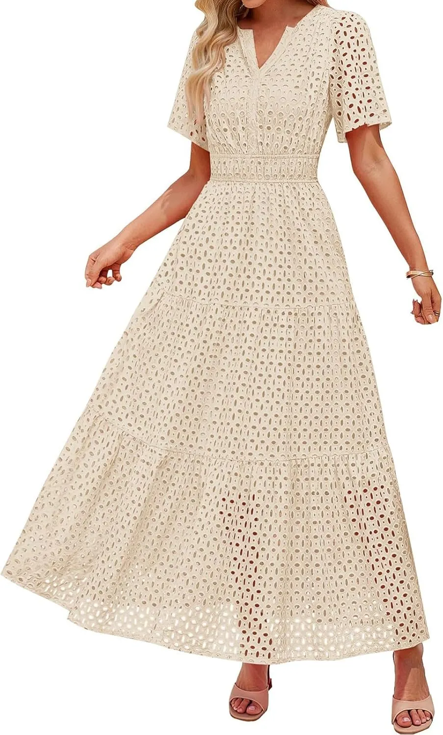 Women's 2025 Summer Maxi Dress Short Sleeve V Neck Hollow Out Casual Eyelet Ruffle Swing A Line Boho Long Dresses