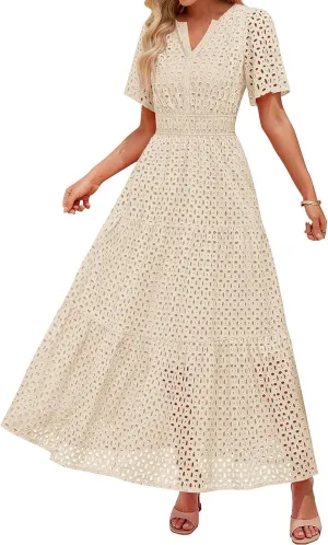 Women's 2025 Summer Maxi Dress Short Sleeve V Neck Hollow Out Casual Eyelet Ruffle Swing A Line Boho Long Dresses