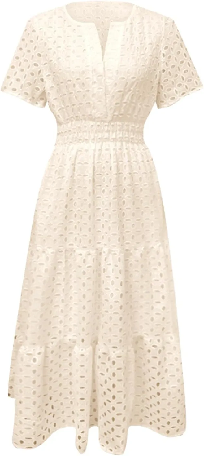 Women's 2025 Summer Maxi Dress Short Sleeve V Neck Hollow Out Casual Eyelet Ruffle Swing A Line Boho Long Dresses