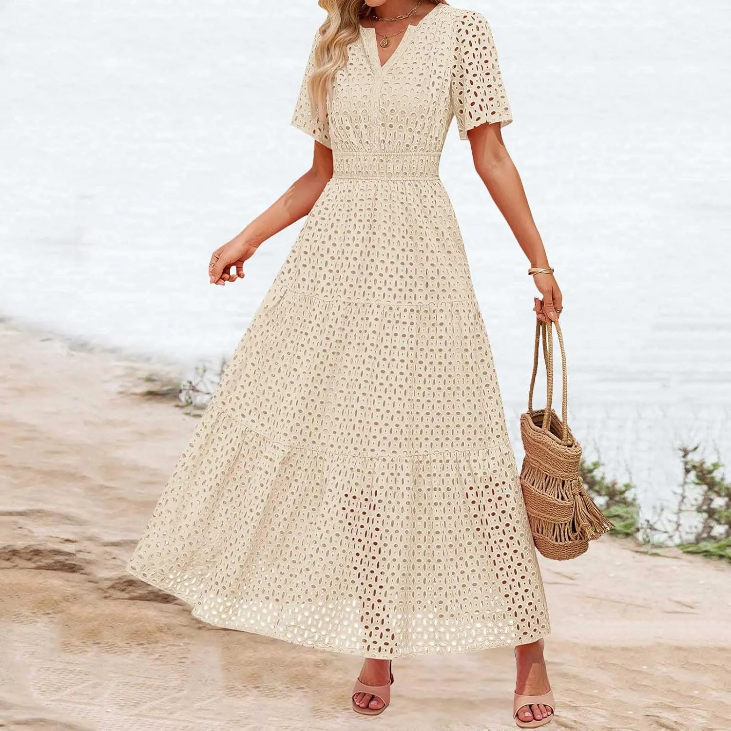 Women's 2025 Summer Maxi Dress Short Sleeve V Neck Hollow Out Casual Eyelet Ruffle Swing A Line Boho Long Dresses