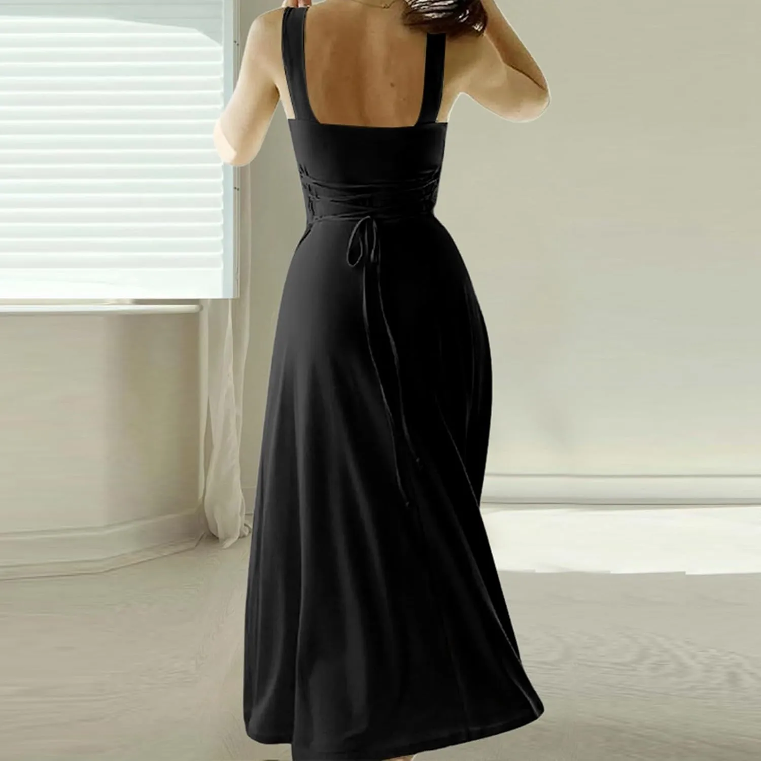 Women's 2025 Sun Dresses Women Summer Casual Flowy U Neck Maxi Dress Backless Drawstring Beach Long Dresses Midi Tank Dress
