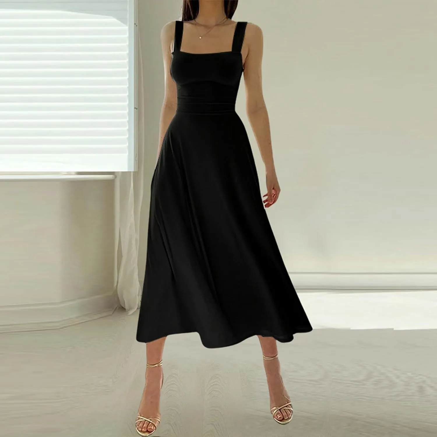 Women's 2025 Sun Dresses Women Summer Casual Flowy U Neck Maxi Dress Backless Drawstring Beach Long Dresses Midi Tank Dress