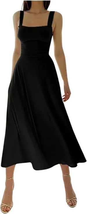 Women's 2025 Sun Dresses Women Summer Casual Flowy U Neck Maxi Dress Backless Drawstring Beach Long Dresses Midi Tank Dress