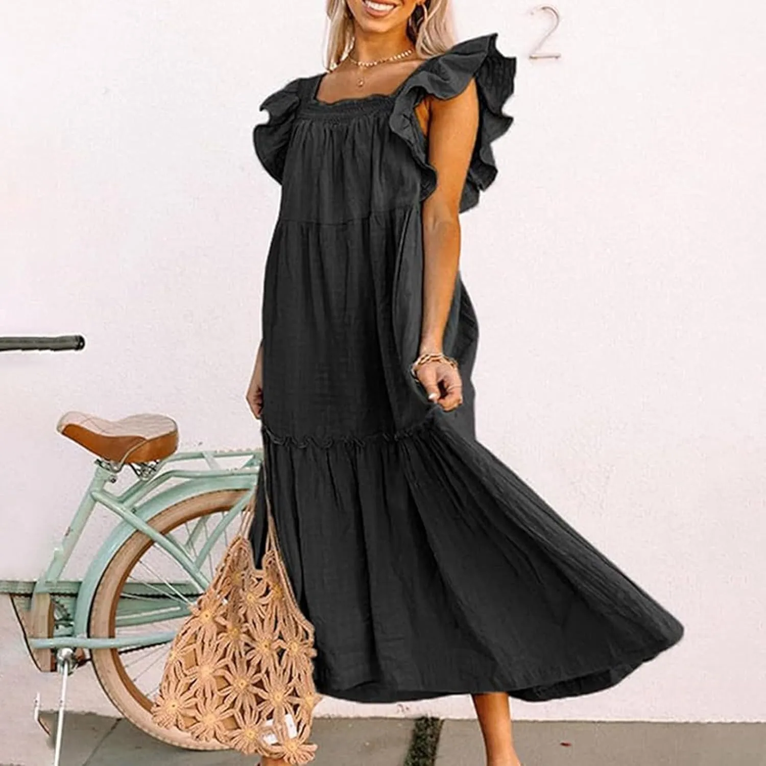 Womens Babydoll Maxi Dress Ruffle Cap Short Sleeve Dresses Tiered Pleated Swing Flowy Long Sundress Summer Outfits