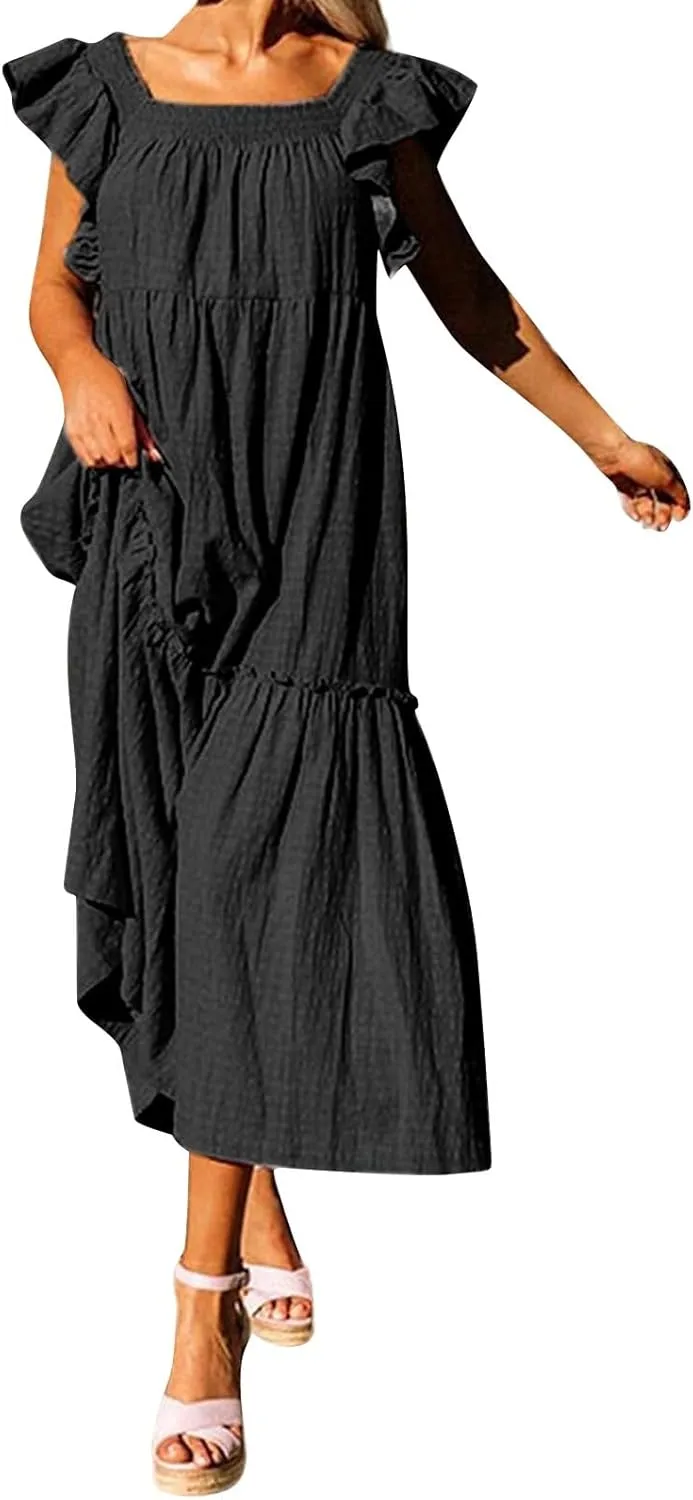 Womens Babydoll Maxi Dress Ruffle Cap Short Sleeve Dresses Tiered Pleated Swing Flowy Long Sundress Summer Outfits