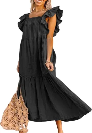 Womens Babydoll Maxi Dress Ruffle Cap Short Sleeve Dresses Tiered Pleated Swing Flowy Long Sundress Summer Outfits
