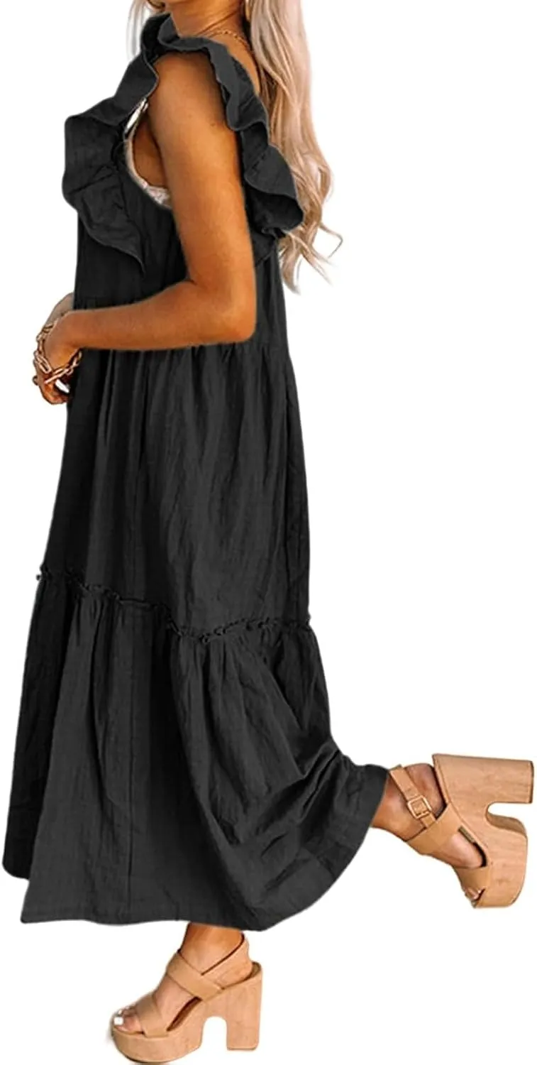 Womens Babydoll Maxi Dress Ruffle Cap Short Sleeve Dresses Tiered Pleated Swing Flowy Long Sundress Summer Outfits