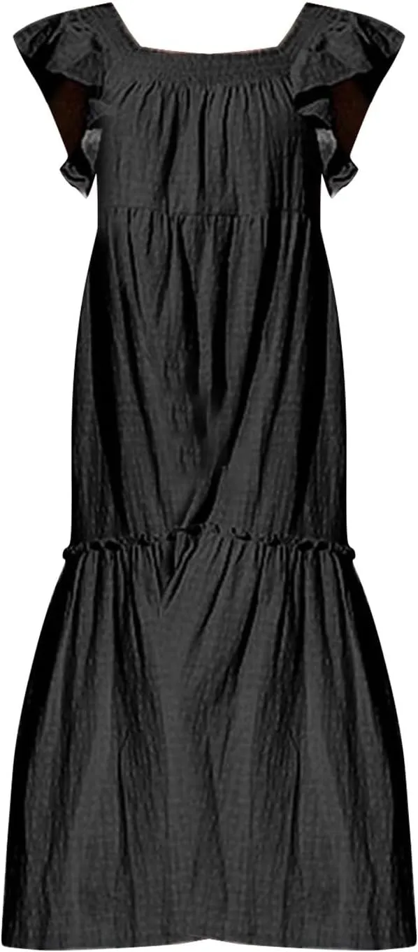 Womens Babydoll Maxi Dress Ruffle Cap Short Sleeve Dresses Tiered Pleated Swing Flowy Long Sundress Summer Outfits
