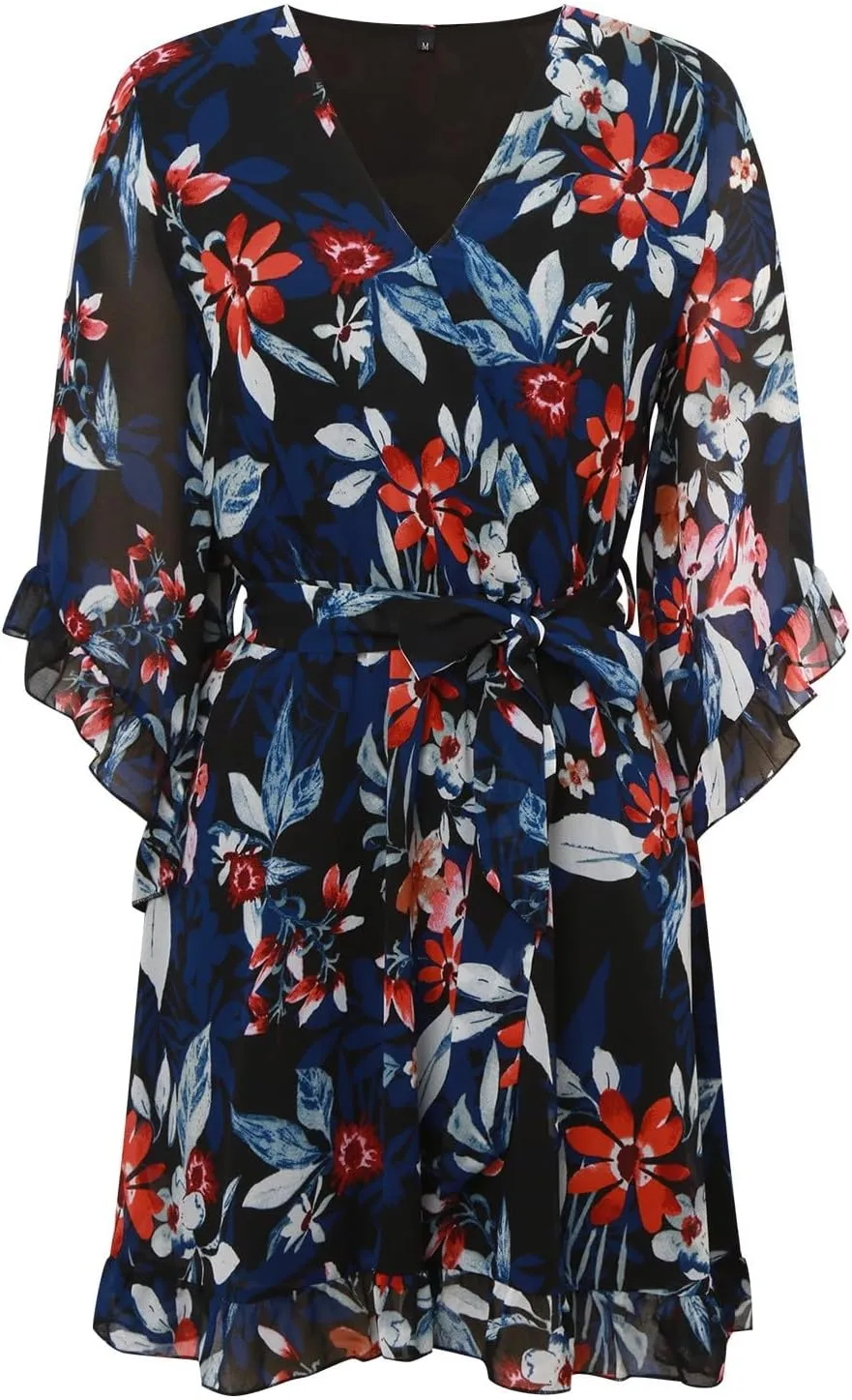 Womens Boho Floral Midi Summer Sundresses Casual Dress Aline V Neck Flowy Tie Waist Dresses for Women 2025 with Sleeves