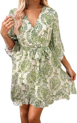 Womens Boho Floral Midi Summer Sundresses Casual Dress Aline V Neck Flowy Tie Waist Dresses for Women 2025 with Sleeves
