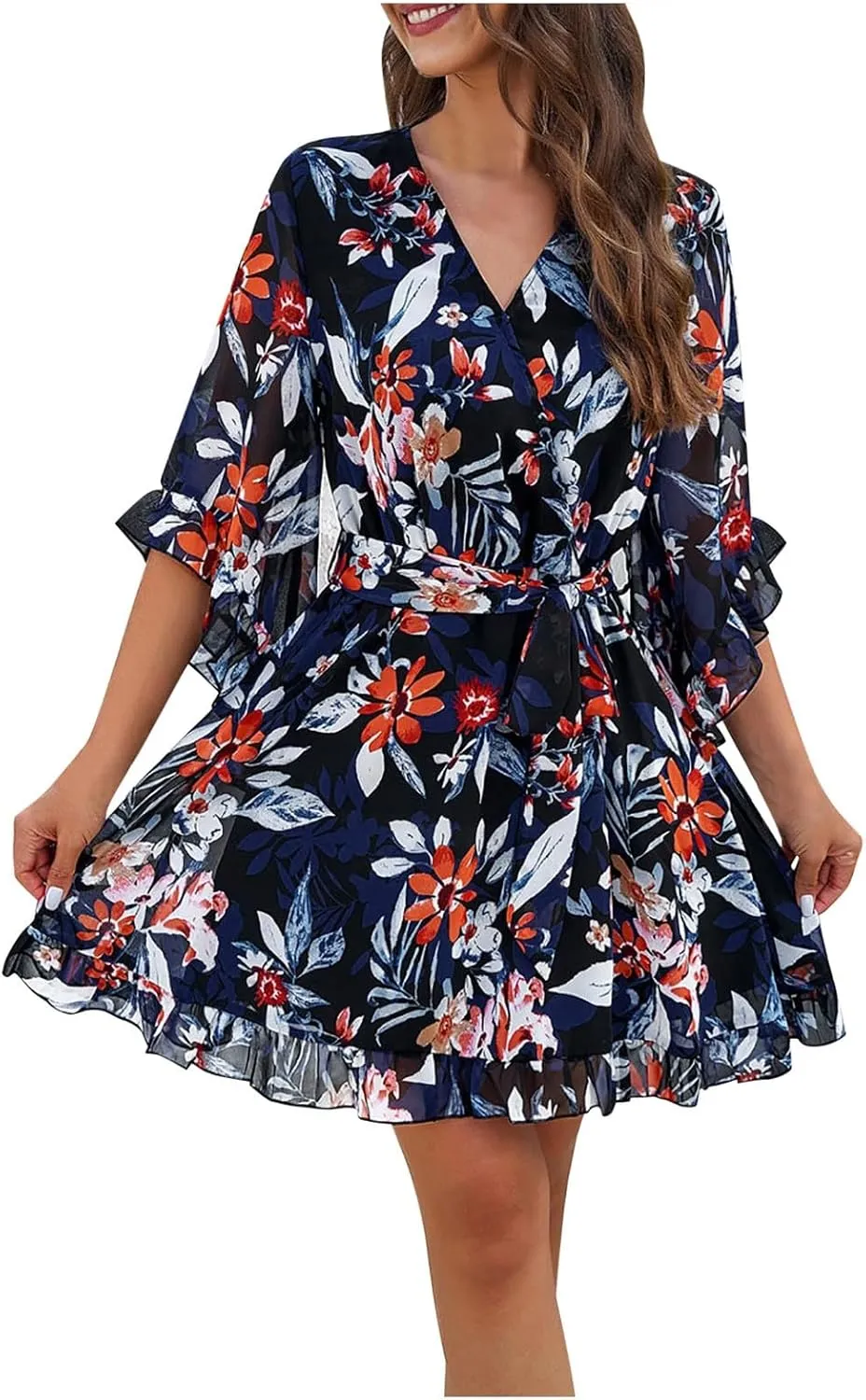 Womens Boho Floral Midi Summer Sundresses Casual Dress Aline V Neck Flowy Tie Waist Dresses for Women 2025 with Sleeves