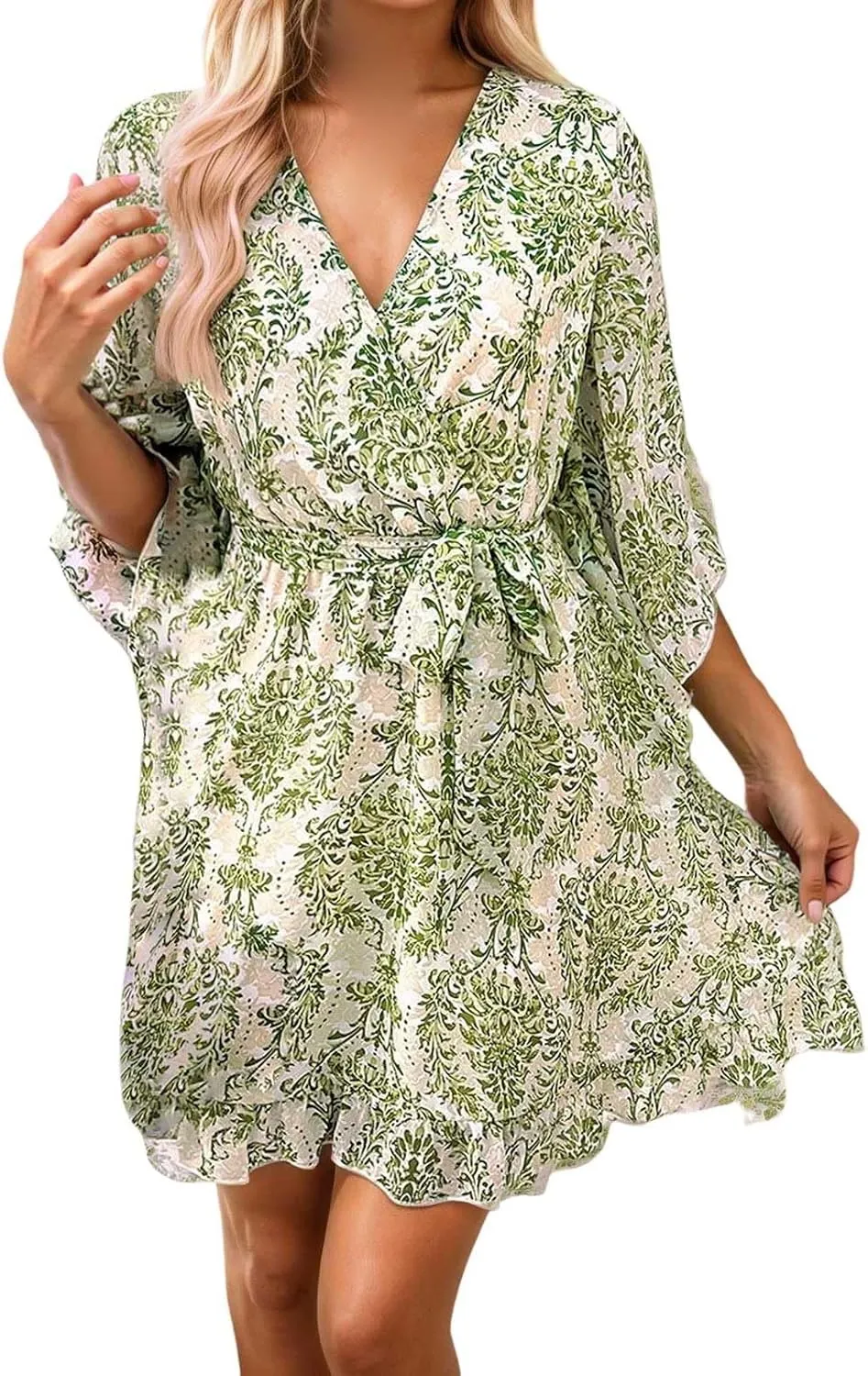 Womens Boho Floral Midi Summer Sundresses Casual Dress Aline V Neck Flowy Tie Waist Dresses for Women 2025 with Sleeves