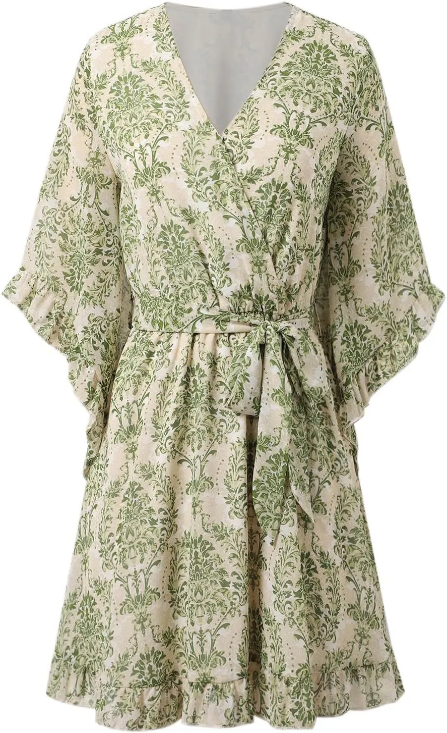 Womens Boho Floral Midi Summer Sundresses Casual Dress Aline V Neck Flowy Tie Waist Dresses for Women 2025 with Sleeves