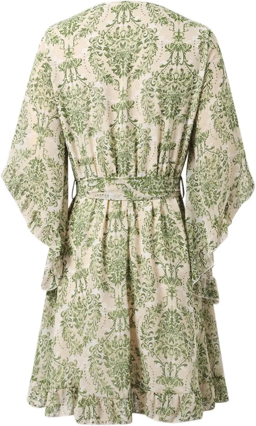Womens Boho Floral Midi Summer Sundresses Casual Dress Aline V Neck Flowy Tie Waist Dresses for Women 2025 with Sleeves