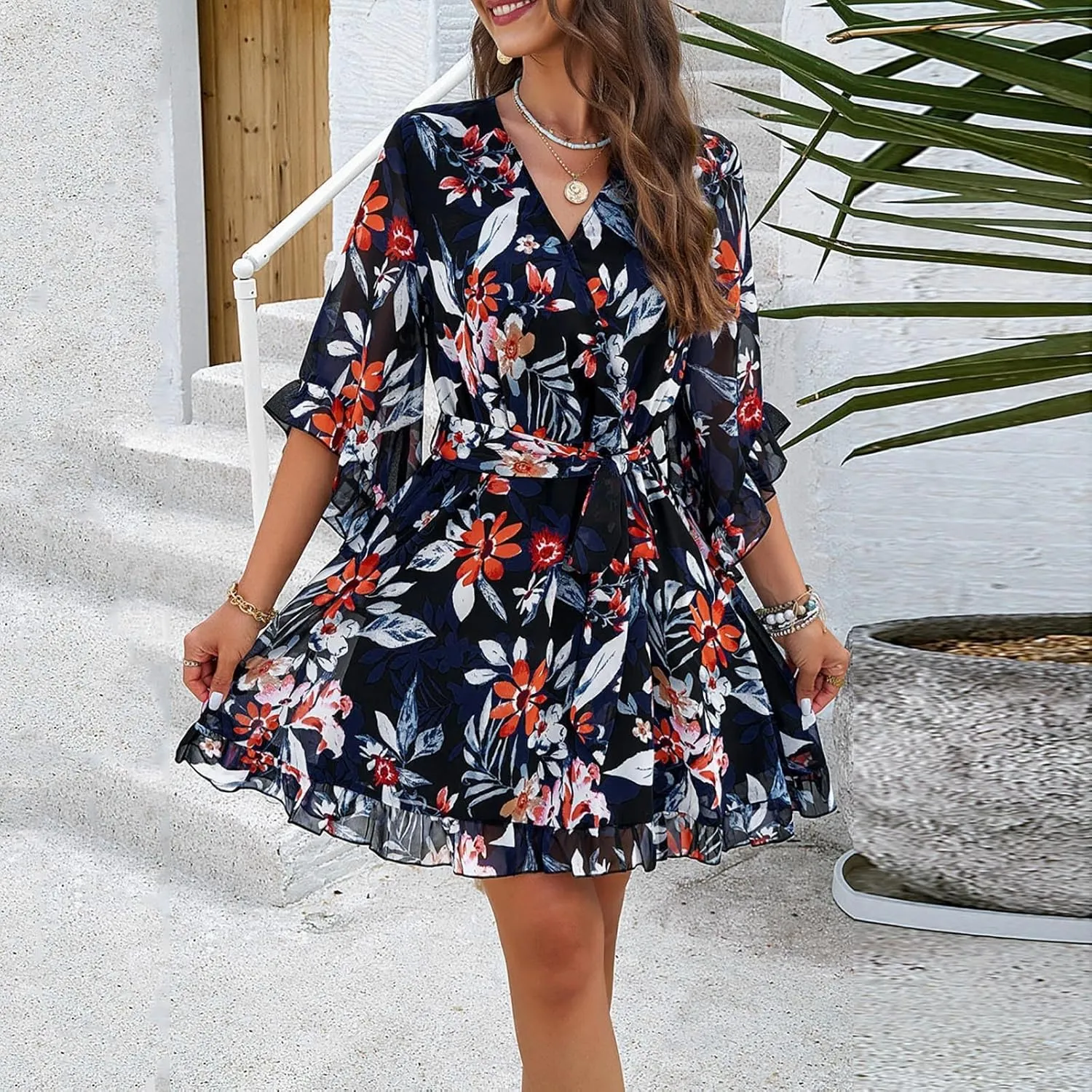 Womens Boho Floral Midi Summer Sundresses Casual Dress Aline V Neck Flowy Tie Waist Dresses for Women 2025 with Sleeves