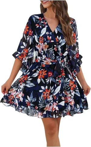 Womens Boho Floral Midi Summer Sundresses Casual Dress Aline V Neck Flowy Tie Waist Dresses for Women 2025 with Sleeves