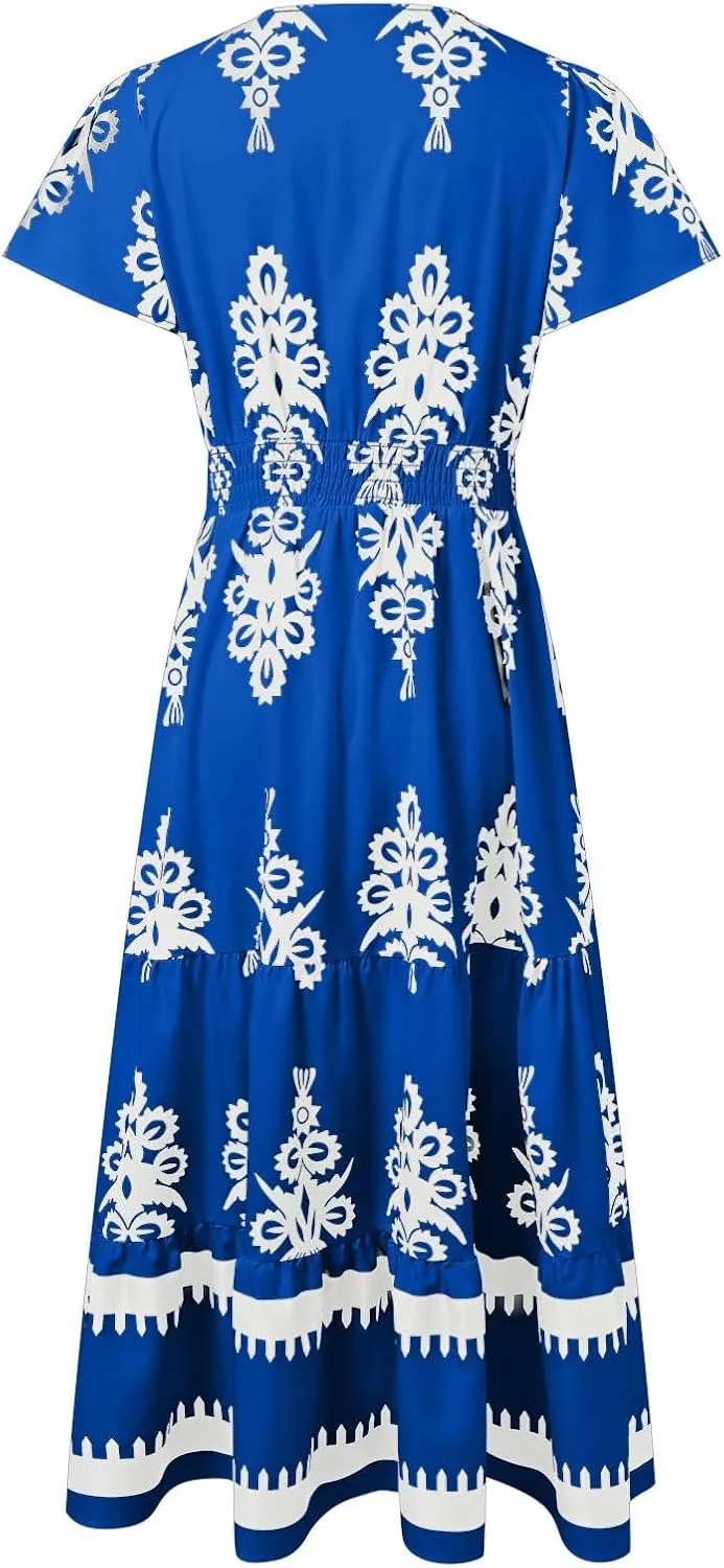 Womens Boho Floral Summer Maxi Dress Casual Aline V Neck Bell Sleeve Tiered Flowy Dresses for Women 2025