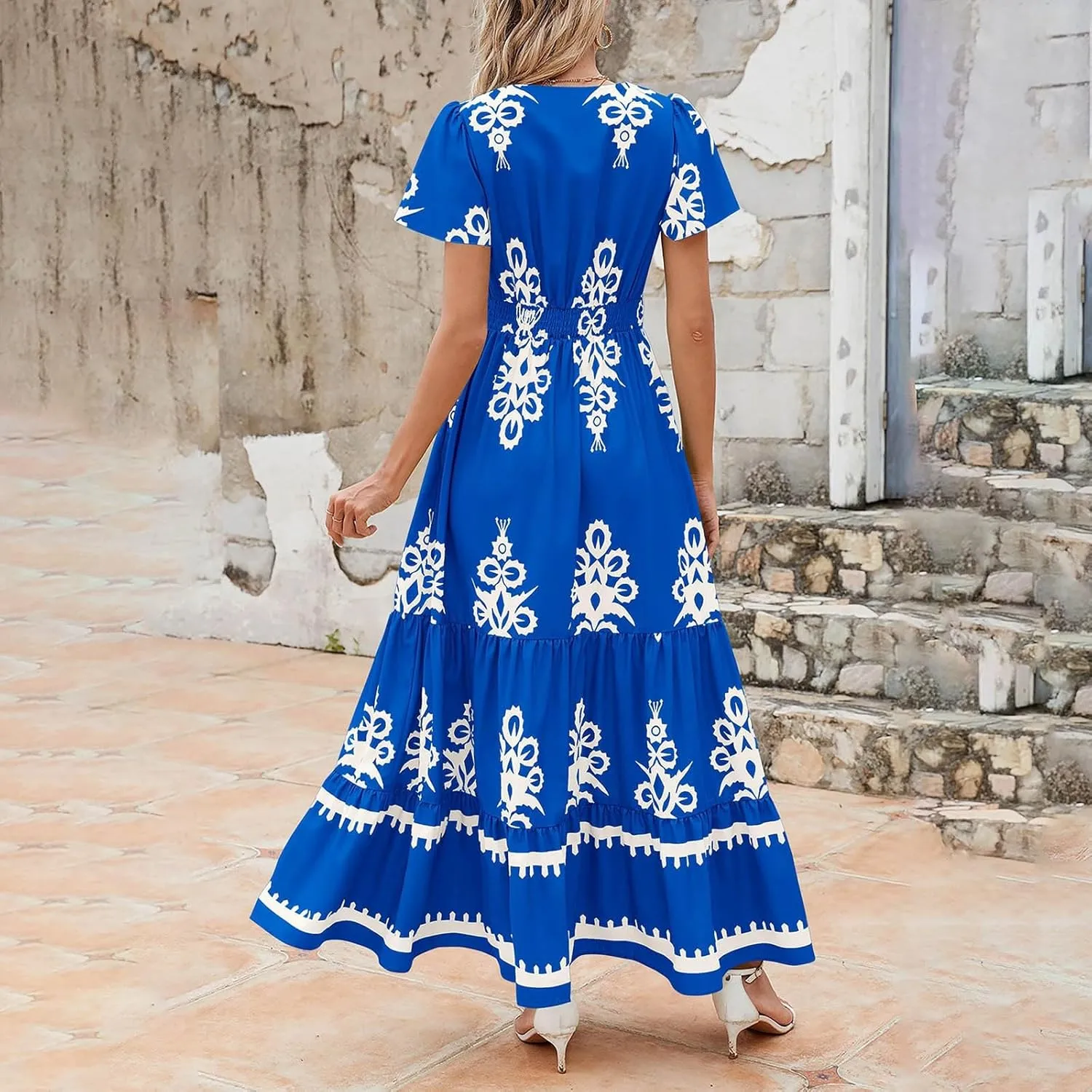 Womens Boho Floral Summer Maxi Dress Casual Aline V Neck Bell Sleeve Tiered Flowy Dresses for Women 2025