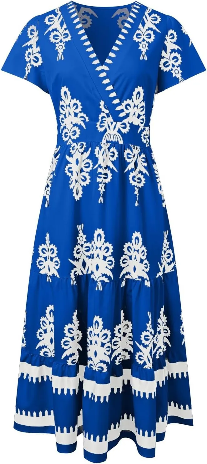 Womens Boho Floral Summer Maxi Dress Casual Aline V Neck Bell Sleeve Tiered Flowy Dresses for Women 2025