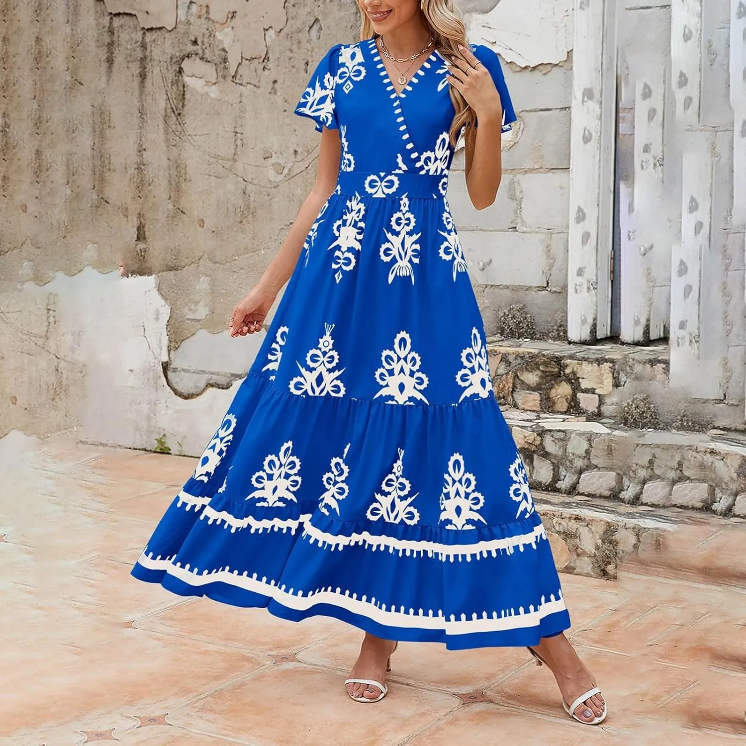 Womens Boho Floral Summer Maxi Dress Casual Aline V Neck Bell Sleeve Tiered Flowy Dresses for Women 2025