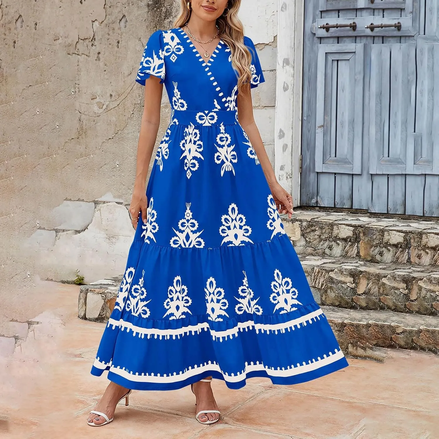 Womens Boho Floral Summer Maxi Dress Casual Aline V Neck Bell Sleeve Tiered Flowy Dresses for Women 2025