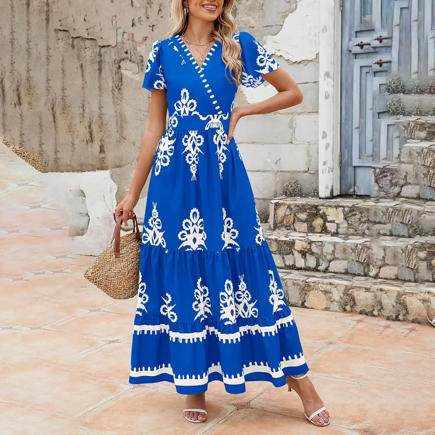 Womens Boho Floral Summer Maxi Dress Casual Aline V Neck Bell Sleeve Tiered Flowy Dresses for Women 2025