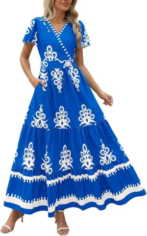 Womens Boho Floral Summer Maxi Dress Casual Aline V Neck Bell Sleeve Tiered Flowy Dresses for Women 2025