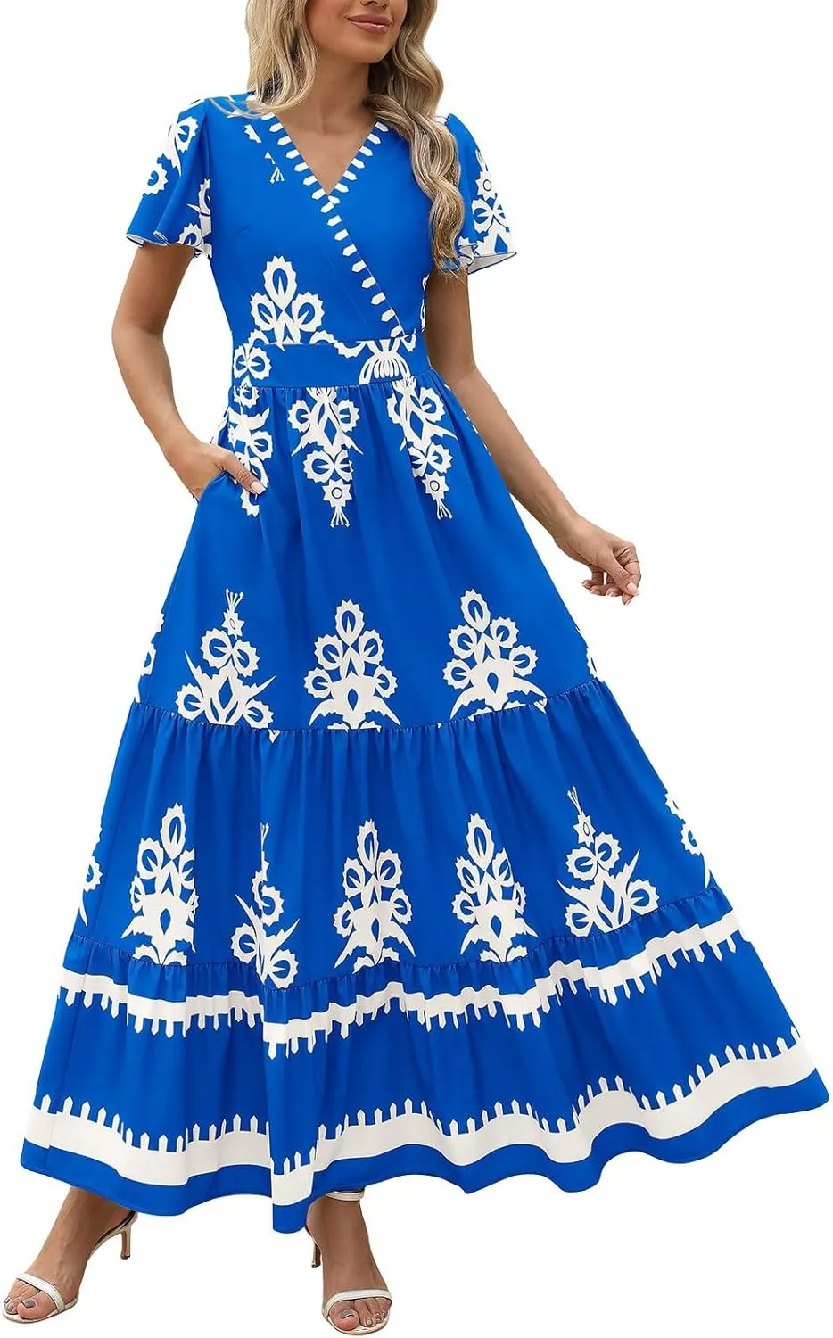 Womens Boho Floral Summer Maxi Dress Casual Aline V Neck Bell Sleeve Tiered Flowy Dresses for Women 2025