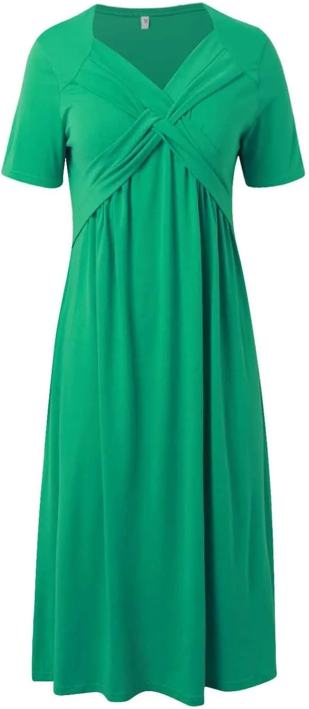 Womens Casual Dress for Summer Short Sleeve Pleated Dress Loose Flowy Beach Dress with Pockets Flare Midi Sundress