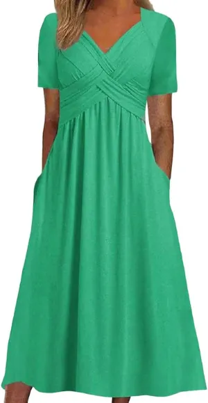 Womens Casual Dress for Summer Short Sleeve Pleated Dress Loose Flowy Beach Dress with Pockets Flare Midi Sundress