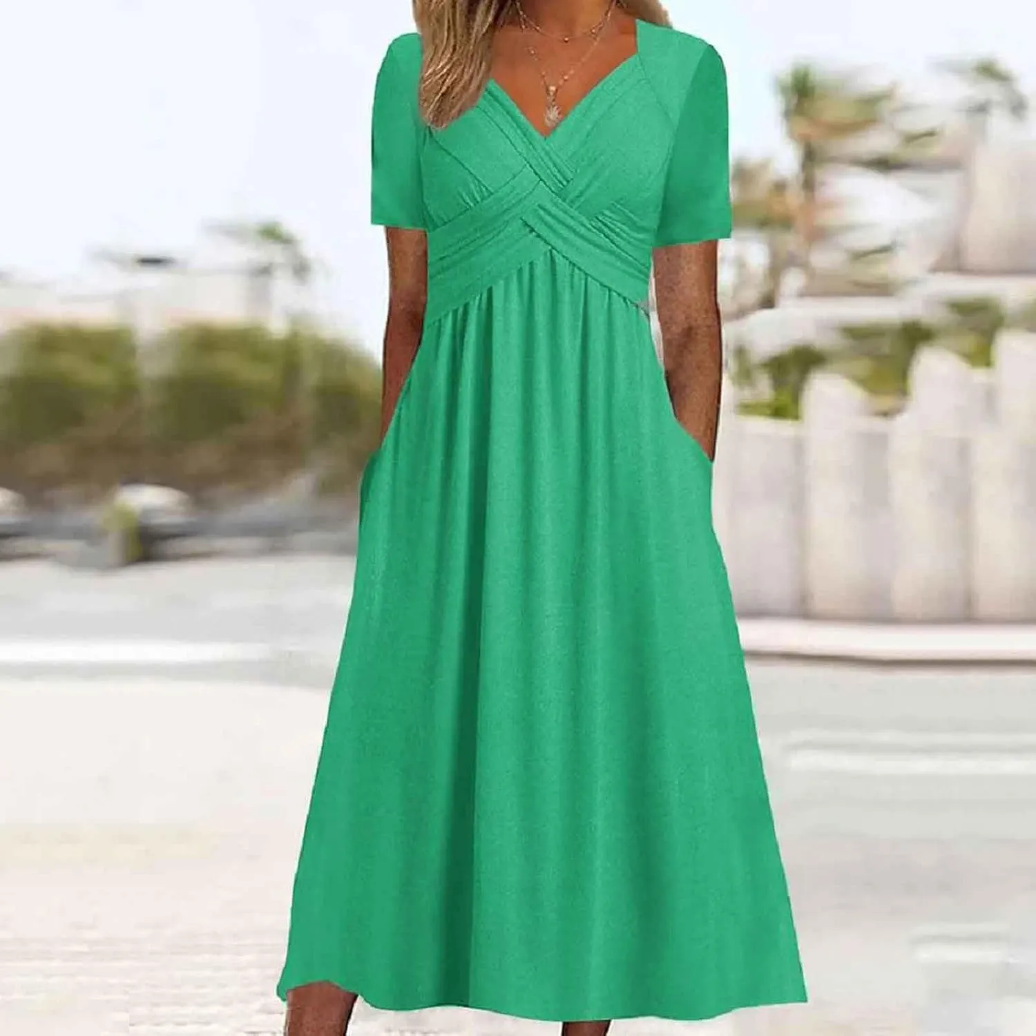 Womens Casual Dress for Summer Short Sleeve Pleated Dress Loose Flowy Beach Dress with Pockets Flare Midi Sundress