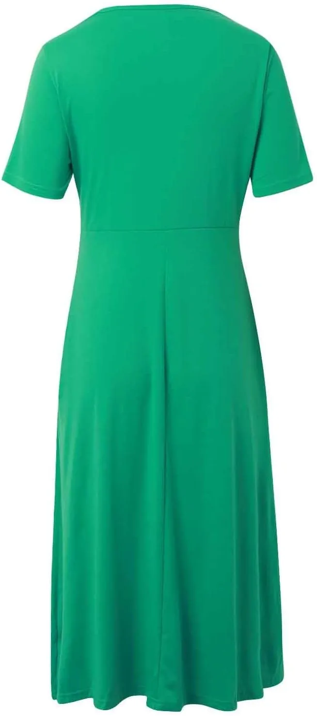 Womens Casual Dress for Summer Short Sleeve Pleated Dress Loose Flowy Beach Dress with Pockets Flare Midi Sundress